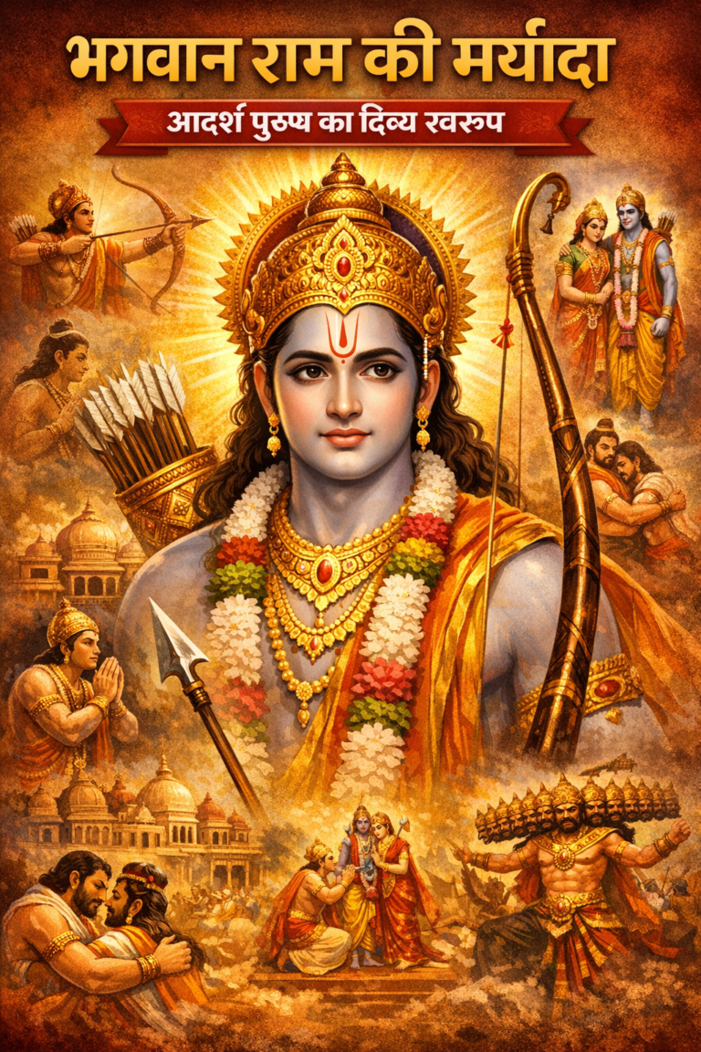 धनुष-बाण धारण किए तेजस्वी भगवान राम की मर्यादा का दिव्य स्वरूप, पृष्ठभूमि में सुनहरी आभा और आध्यात्मिक प्रकाश