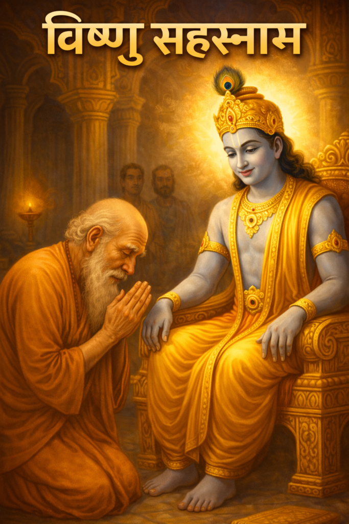 Current image: भगवान विष्णु का दिव्य स्वरूप शंख, चक्र, गदा और पद्म धारण किए हुए, सुनहरी आभा और आध्यात्मिक प्रकाश के साथ – विष्णु सहस्रनाम थंबनेल इमेज