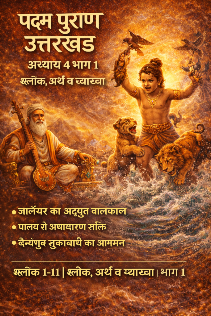 Current image: पद्म पुराण उत्तरखंड अध्याय 4 भाग 1 में जालंधर के बाल्यकाल की कथा दर्शाता हुआ दिव्य दृश्य, जिसमें समुद्रपुत्र जालंधर की शक्ति और साहस का चित्रण