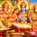 Current image: गोस्वामी तुलसीदास जी श्रीरामचरितमानस की रचना करते हुए, साथ में भगवान गणेश, श्रीराम, माता सीता, लक्ष्मण और भक्त हनुमान के दिव्य स्वरूप