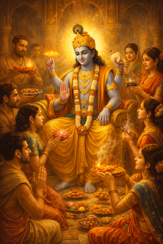 Current image: सिंहासन पर विराजमान भगवान विष्णु का दिव्य स्वरूप, चारों ओर पुरुष और महिलाएँ आरती और पूजा करते हुए, मंदिर के स्वर्णिम वातावरण में भक्ति दृश्य