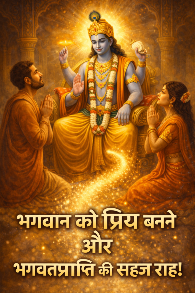 Current image: स्वर्णिम मंदिर में सिंहासन पर विराजमान भगवान विष्णु भक्तों को आशीर्वाद देते हुए, पुरुष और महिला भक्त हाथ जोड़कर प्रार्थना करते हुए – भगवान को प्रिय बनने और भगवत्प्राप्ति की सहज राह