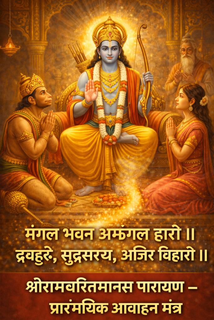 Current image: सिंहासन पर विराजमान भगवान श्रीराम हाथ में धनुष धारण किए हुए, सामने भक्तिभाव से बैठे हनुमानजी और माता सीता, रामचरितमानस पारायण के प्रारंभिक आवाहन मंत्र का दिव्य दृश्य