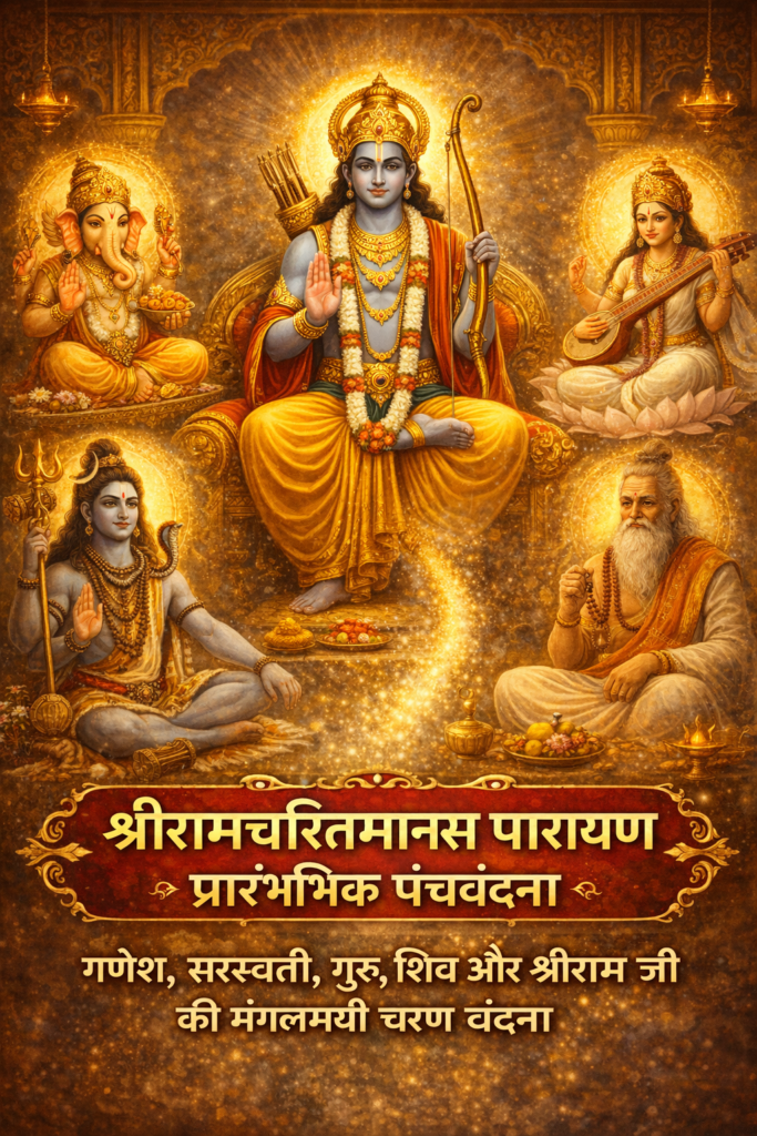 Current image: वंदना पदावली - बालकाण्ड प्रारंभ: भगवान श्रीराम सिंहासन पर विराजमान, उनके साथ भगवान गणेश, देवी सरस्वती, भगवान शिव और गुरु का दिव्य स्वरूप – श्रीरामचरितमानस पारायण की प्रारंभिक पंचवंदना का पवित्र दृश्य