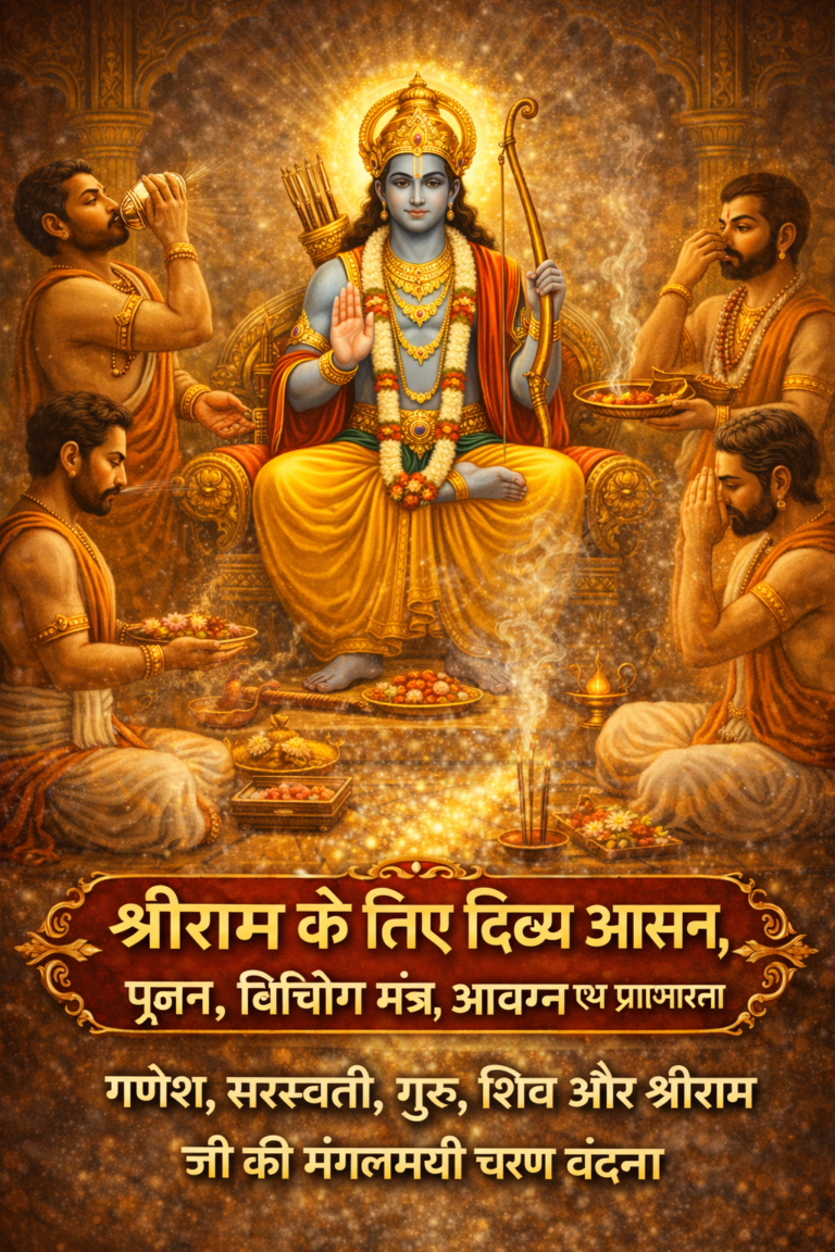 श्रीराम के लिए दिव्य आसन, पूजन, विनियोग मंत्र, आचमन एवं प्राणायाम मंत्र के साथ उनकी पूजा कर रहा है।