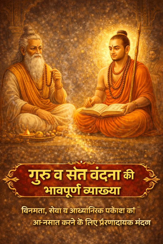 Current image: गुरु व संत वंदना की भावपूर्ण व्याख्या: एक संत या गुरु आसन पर विराजमान हैं और उनके सामने भक्त हाथ जोड़कर श्रद्धा से गुरु व संत वंदना कर रहे हैं, पृष्ठभूमि में दिव्य आध्यात्मिक आभा दिखाई दे रही है।