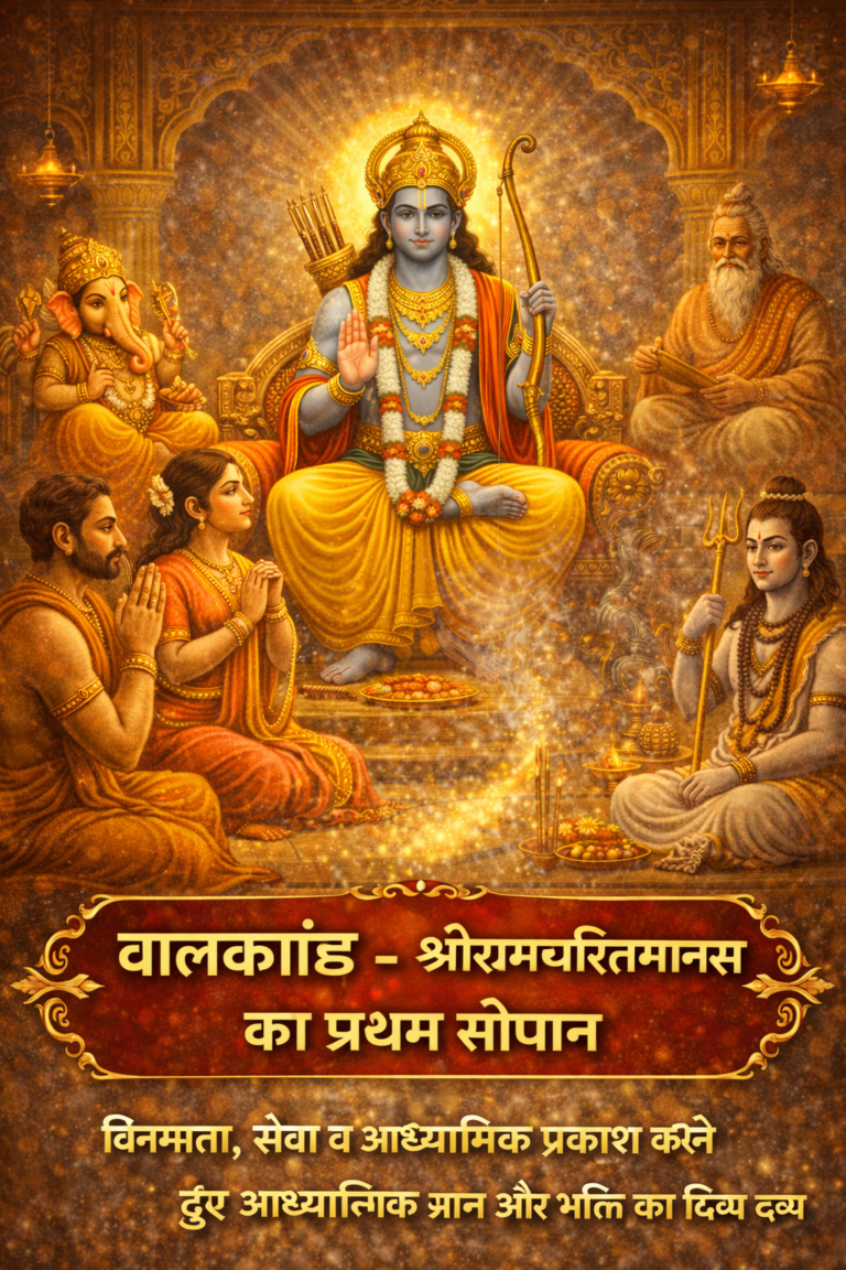 बालकाण्ड – श्रीरामचरितमानस का प्रथम सोपान - भगवान श्रीराम स्वर्ण सिंहासन पर विराजमान हैं और उनके आसपास माता सीता, भगवान गणेश, भगवान शिव और संत तुलसीदास श्रद्धा से उपस्थित हैं, जो श्रीरामचरितमानस के बालकाण्ड की दिव्य शुरुआत को दर्शाता है।