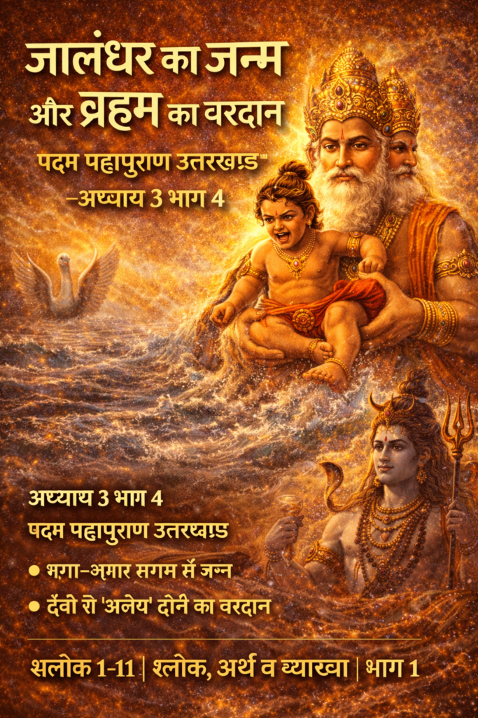 जालंधर का जन्म और ब्रह्मा का वरदान दर्शाता हुआ पद्म महापुराण उत्तरखंड अध्याय 3 भाग 4 का दिव्य दृश्य, जिसमें समुद्र से प्रकट बालक और ब्रह्मा का आशीर्वाद