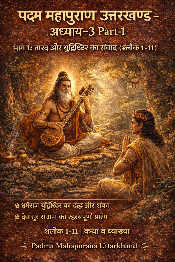 पद्म महापुराण उत्तरखण्ड अध्याय 3 Part 1 का दृश्य जिसमें नारद मुनि युधिष्ठिर को वन में दिव्य ज्ञान देते हुए दिखाई दे रहे हैं