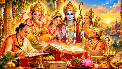 गोस्वामी तुलसीदास जी श्रीरामचरितमानस की रचना करते हुए, साथ में भगवान गणेश, श्रीराम, माता सीता, लक्ष्मण और भक्त हनुमान के दिव्य स्वरूप