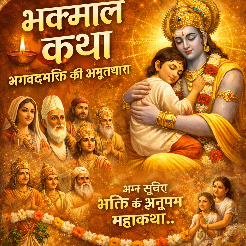भक्तमाल कथा में भगवान विष्णु एक भक्त बालिका को गोद में लिए हुए, साथ में संतों और भक्तों की दिव्य सभा तथा स्वर्णिम भक्ति आभा