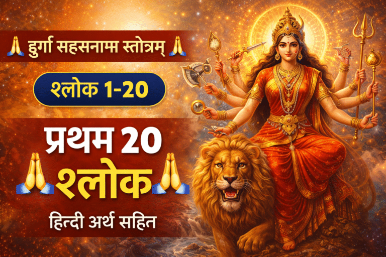 माँ दुर्गा सिंह पर विराजमान, अनेक आयुध धारण किए हुए, स्वर्ण आभा से प्रकाशित स्वरूप में — दुर्गा सहस्रनाम स्तोत्र के प्रथम 20 श्लोकों का भावपूर्ण चित्रण।