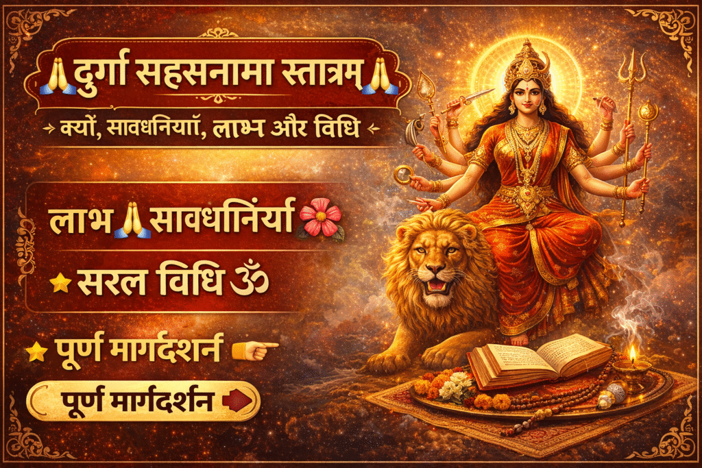 Current image: माँ दुर्गा सिंह पर विराजमान, दिव्य आभा के साथ दुर्गा सहस्रनाम स्तोत्र का पवित्र दृश्य, लाभ, सावधानियाँ और सरल विधि दर्शाता आध्यात्मिक थंबनेल