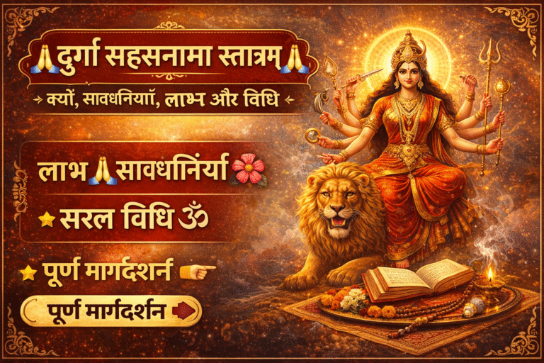 माँ दुर्गा सिंह पर विराजमान, दिव्य आभा के साथ दुर्गा सहस्रनाम स्तोत्र का पवित्र दृश्य, लाभ, सावधानियाँ और सरल विधि दर्शाता आध्यात्मिक थंबनेल