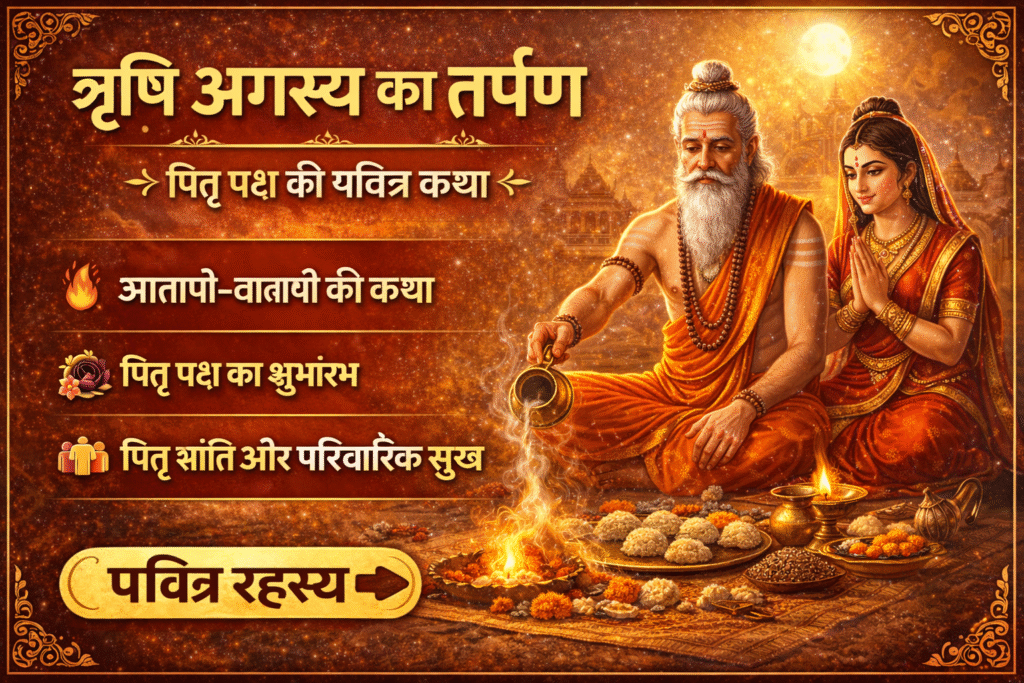 Current image: ऋषि अगस्त्य और माता लोपामुद्रा पितृ पक्ष के प्रथम दिन तर्पण करते हुए, अग्नि, पिंडदान, जल अर्पण और पूर्णिमा चंद्रमा के साथ दिव्य वातावरण में पितृ शांति का दृश्य