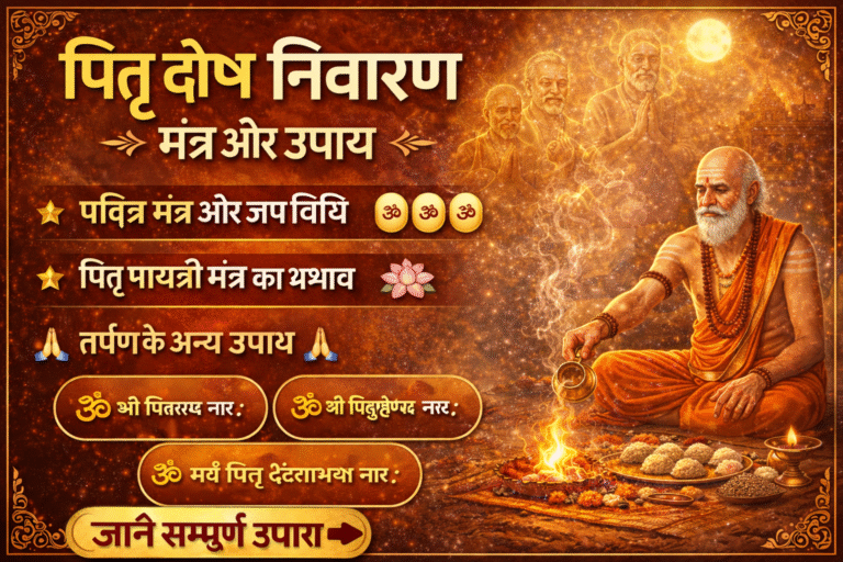 पितृ पक्ष में पितृ दोष निवारण के लिए मंत्र जाप और तर्पण करते श्रद्धालु, पृष्ठभूमि में दिव्य प्रकाश और पितृ लोक का आध्यात्मिक प्रतीक