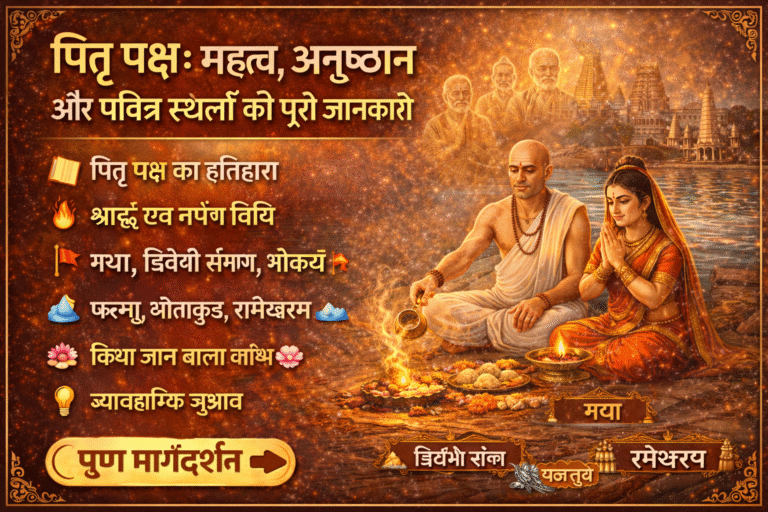 पितृ पक्ष के दौरान नदी तट पर श्राद्ध और तर्पण करते दंपत्ति, पीछे गया, त्रिवेणी संगम और रामेश्वरम जैसे पवित्र तीर्थस्थलों का आध्यात्मिक दृश्य, पितृ आत्माओं की उपस्थिति के साथ।