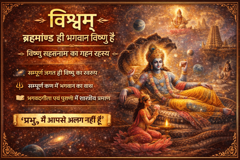 भगवान विष्णु का विराट रूप जिसमें सम्पूर्ण ब्रह्माण्ड, तारे, आकाशगंगाएँ और समस्त सृष्टि समाहित दिखाई दे रही है, विष्णु सहस्रनाम के प्रथम नाम ‘विश्वम्’ का प्रतीकात्मक चित्रण।