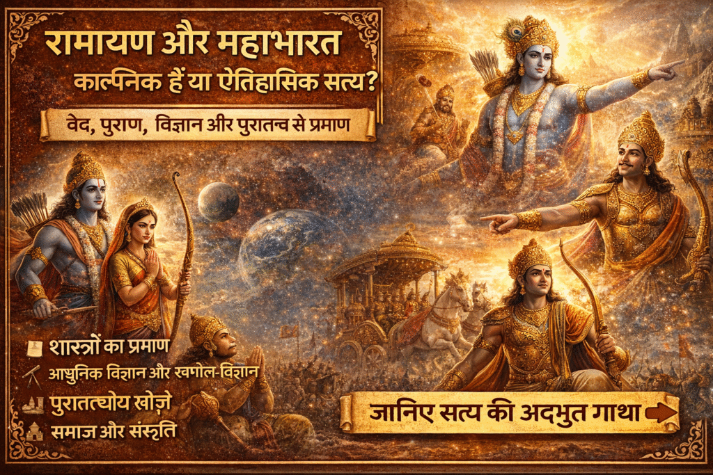 Current image: "रामायण और महाभारत: काल्पनिक या ऐतिहासिक सत्य? भगवान राम, कृष्ण, महाभारत युद्ध और रामसेतु की डिजिटल कलात्मक छवि, शास्त्र, विज्ञान और पुरातत्व प्रमाणों के साथ।"