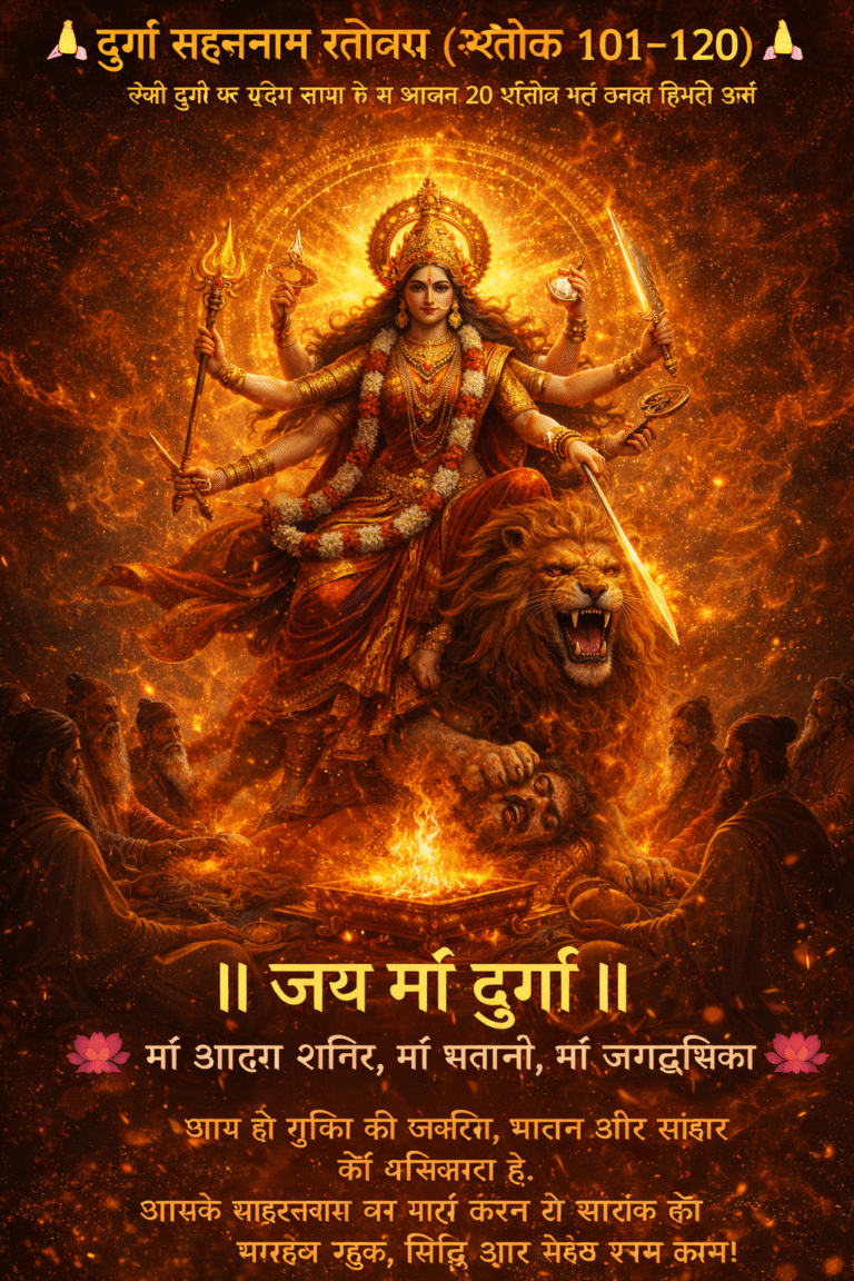 अग्निमय दिव्य प्रकाश में सिंह पर विराजमान माँ दुर्गा, अनेक भुजाओं में शस्त्र धारण किए हुए, दुर्गा सहस्रनाम (श्लोक 101–120) के पावन भाव के साथ।