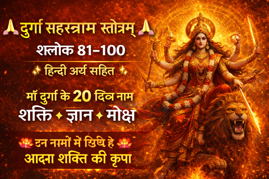 Current image: देवी दुर्गा सिंह पर विराजमान, दिव्य आभा और अग्नि पृष्ठभूमि के साथ, हाथों में शस्त्र धारण किए माँ दुर्गा का शक्तिशाली रूप — दुर्गा सहस्रनाम स्तोत्र श्लोक 81–100 हिन्दी अर्थ सहित।