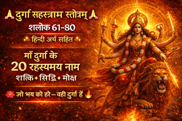 “सिंह पर विराजमान माँ दुर्गा का दिव्य स्वरूप – दुर्गा सहस्रनाम स्तोत्रम् श्लोक 61–80 हिन्दी अर्थ सहित”