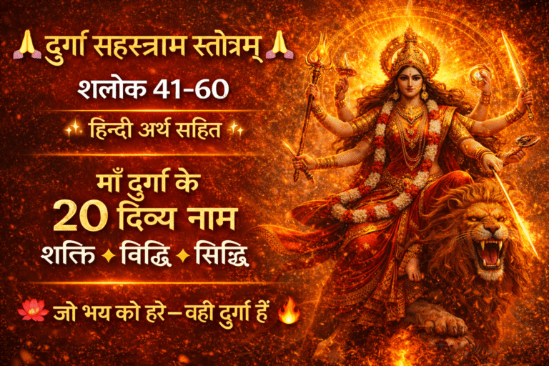 सिंह पर विराजमान देवी दुर्गा का दिव्य स्वरूप, हाथों में शस्त्र धारण किए माँ आद्या शक्ति — दुर्गा सहस्रनाम स्तोत्रम् श्लोक 41–60 हिन्दी अर्थ सहित।