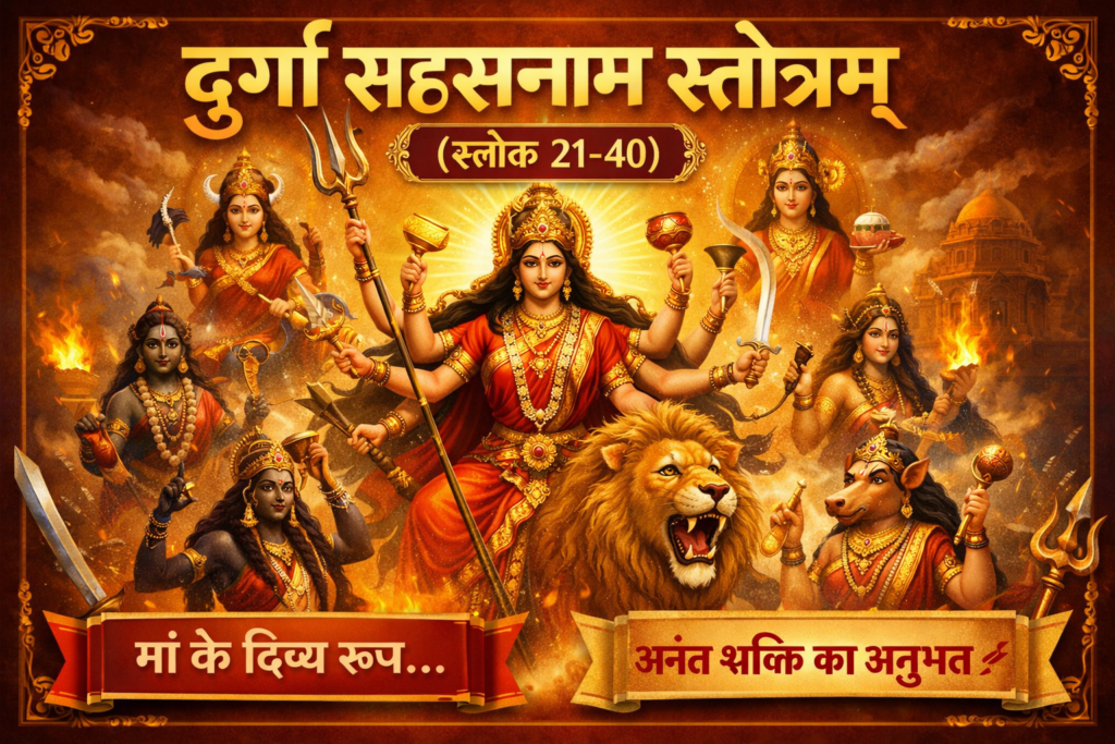 दुर्गा सहस्रनाम स्तोत्रम् (श्लोक 21–40) का दिव्य दृश्य, जिसमें माँ दुर्गा अनेक भुजाओं के साथ तेजस्वी स्वरूप में विराजमान हैं और उनके चारों ओर दिव्य प्रकाश और शक्ति का आभास हो रहा है।