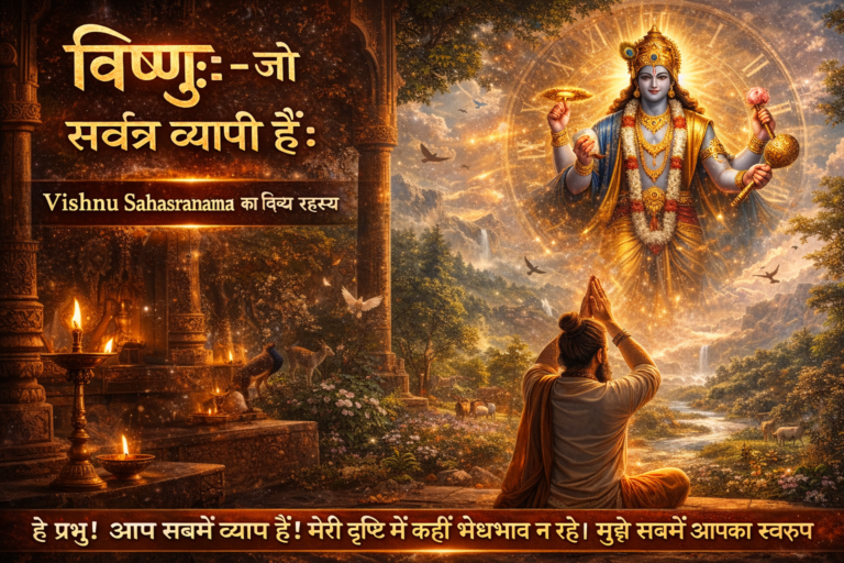 विष्णुः भगवान विष्णु का चतुर्भुज रूप आकाश में प्रकट होते हुए, एक साधक मंदिर में हाथ जोड़कर प्रार्थना करता हुआ, जो उनकी सर्वव्यापकता को दर्शाता है