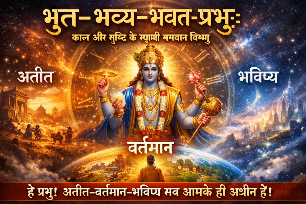 Current image: भूत-भव्य-भवत-प्रभुः भगवान विष्णु का चतुर्भुज रूप, शंख चक्र गदा पद्म धारण किए हुए, पीछे कालचक्र के साथ अतीत वर्तमान और भविष्य को दर्शाता हुआ दिव्य दृश्य