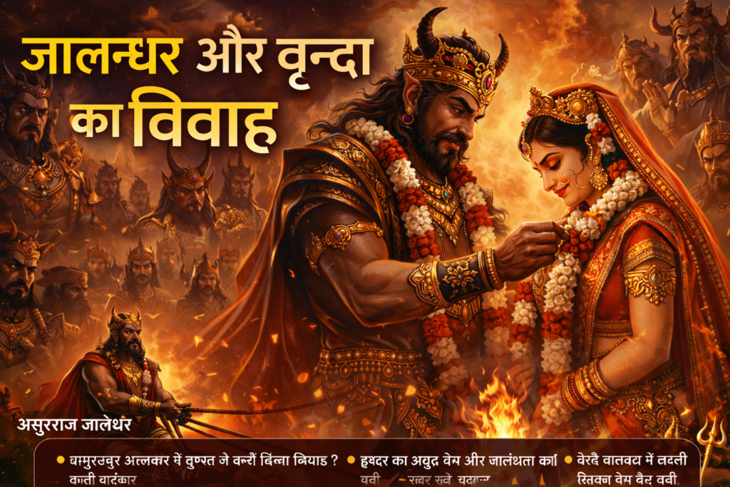 Current image: असुरराज जालन्धर और वृन्दा का दिव्य विवाह वर्णन दृश्य, जालन्धर वृन्दा को वरमाला पहनाते हुए, पृष्ठभूमि में असुर सेना और अग्नि यज्ञ का वातावरण
