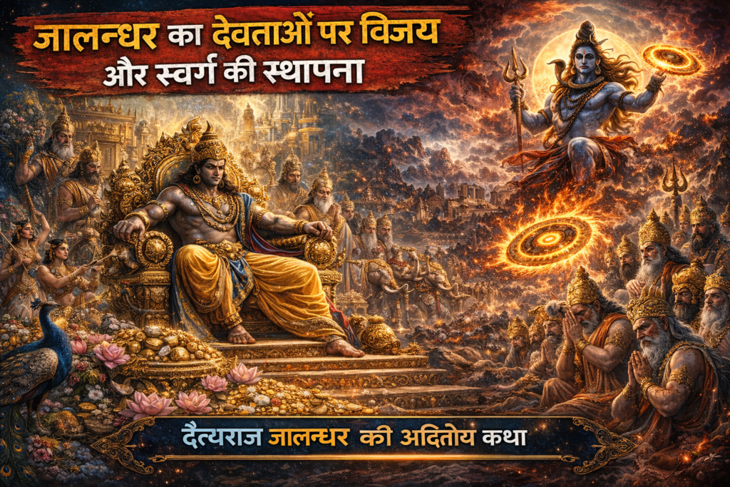 Current image: जालन्धर का देवताओं पर विजय और स्वर्ग की स्थापना दर्शाता हुआ दृश्य, जिसमें दैत्यराज जालन्धर स्वर्ण सिंहासन पर विराजमान हैं और पराजित देवता उनके सामने खड़े हैं