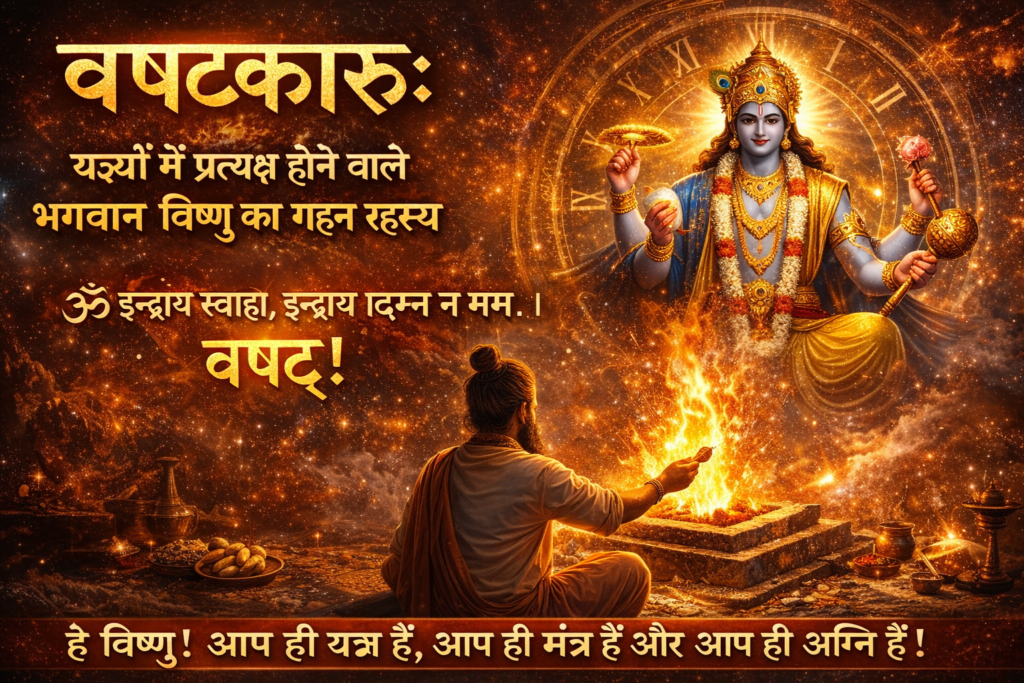 Current image: भगवान विष्णु का चतुर्भुज रूप यज्ञ अग्नि के ऊपर प्रकट होते हुए, एक साधक द्वारा अग्नि में आहुति देते हुए “वषट्कारः” का दिव्य दृश्य