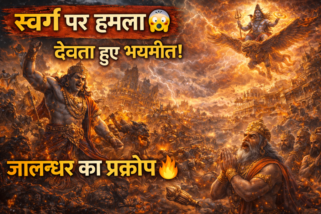 Current image: जालन्धर का प्रकोप दिखाता हुआ दृश्य जिसमें दैत्य सेना स्वर्ग पर आक्रमण कर रही है, इन्द्र भयभीत हैं और भगवान विष्णु गरुड़ पर सवार होकर युद्ध के लिए तैयार हैं