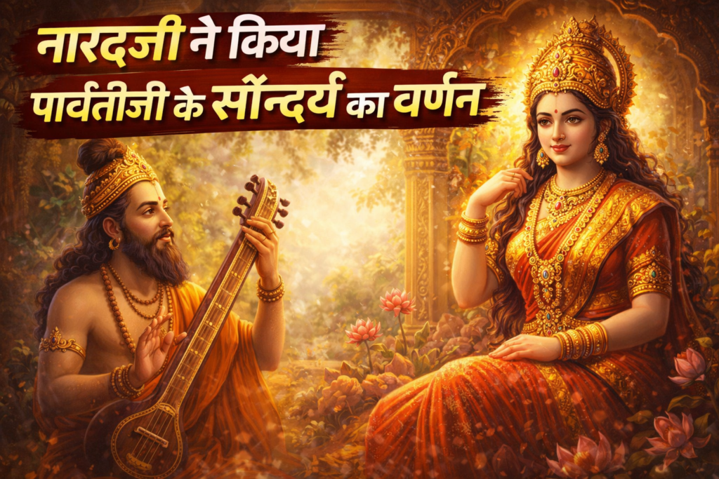 Current image: नारदजी द्वारा पार्वतीजी के सौन्दर्य का वर्णन करते हुए दिव्य दृश्य, जहाँ नारद मुनि वीणा बजाते हुए माता पार्वती के रूप का गुणगान कर रहे हैं।