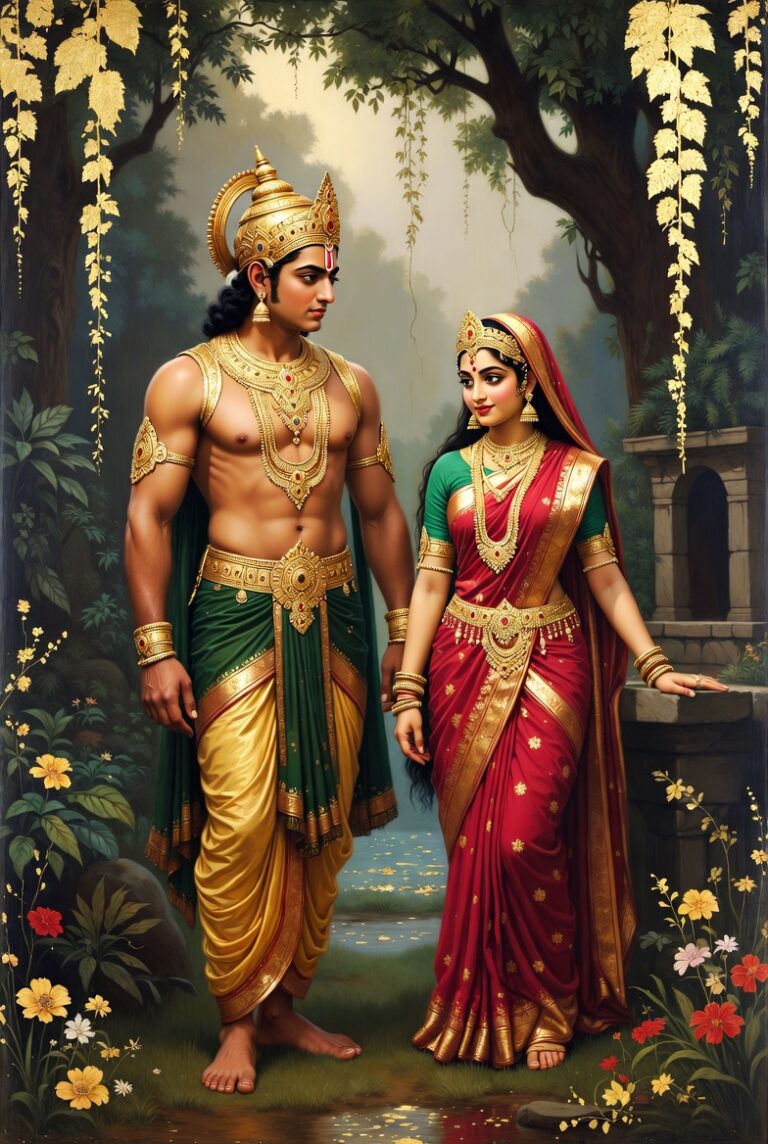 श्रीहरि लीला का अंत और वृंदा का त्याग: वृन्दा अपने पति के समान प्रकट हुए पुरुषाकार को प्रेम से आलिंगन करती हुई पारंपरिक चित्रशाला में दिव्य सुनहरे प्रकाश में बहती भावना।