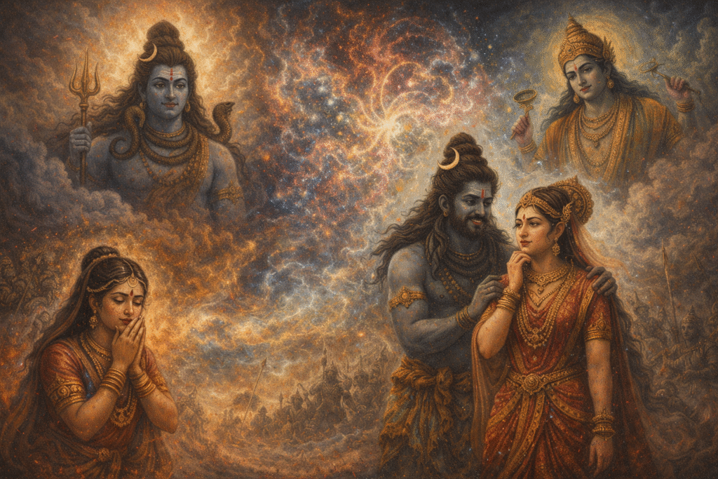 Current image: Shiv Parvati Katha Jalandhar Asur Story Maya Leela Shiv Purana Art Hindu Mythology Image Divine Test of Parvati Indian Mythological Painting Spiritual Art India Shaivism Shakti and Shiva Vrinda Jalandhar Story Hindu Gods Digital Art