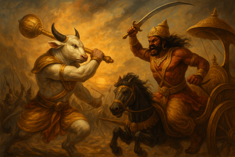 जालन्धर का शङ्करजी के साथ युद्ध - स्वर्णिम आकाश के नीचे युद्धभूमि में एक वृषभ-मुखी दिव्य योद्धा गदा लिए एक क्रोधी असुर योद्धा से तलवार के साथ युद्ध करता हुआ, पौराणिक महायुद्ध का दृश्य।