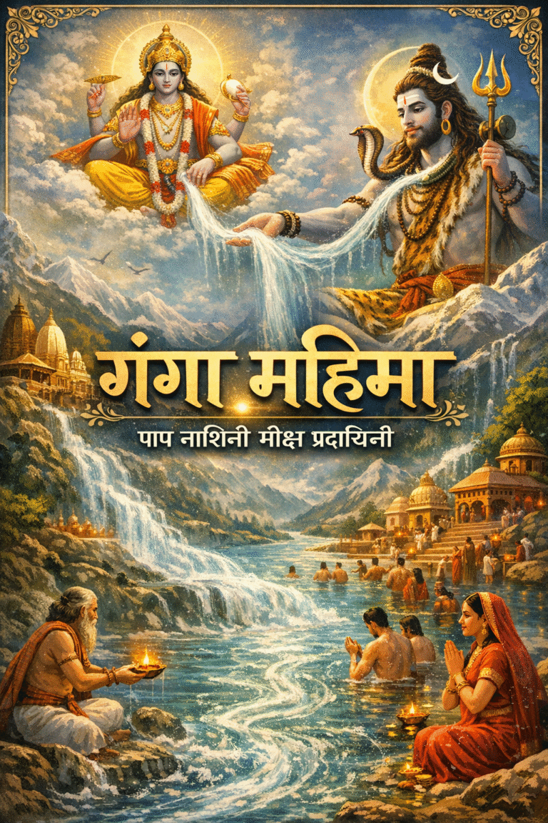 शिव की जटाओं से अवतरित माँ गंगा, आकाश में भगवान विष्णु का आशीर्वाद, गंगा तट पर श्रद्धालुओं का स्नान, दीपदान और पूजा करते भक्त, गंगा महिमा का दिव्य दृश्य