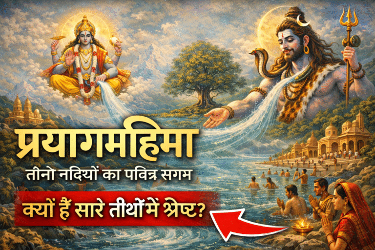 प्रयाग महिमा का दिव्य दृश्य जिसमें भगवान विष्णु और भगवान शिव गंगा-यमुना-सरस्वती के संगम को आशीर्वाद देते हुए, संगम में स्नान करते श्रद्धालु और अक्षयवट का पवित्र वातावरण दर्शाया गया है।