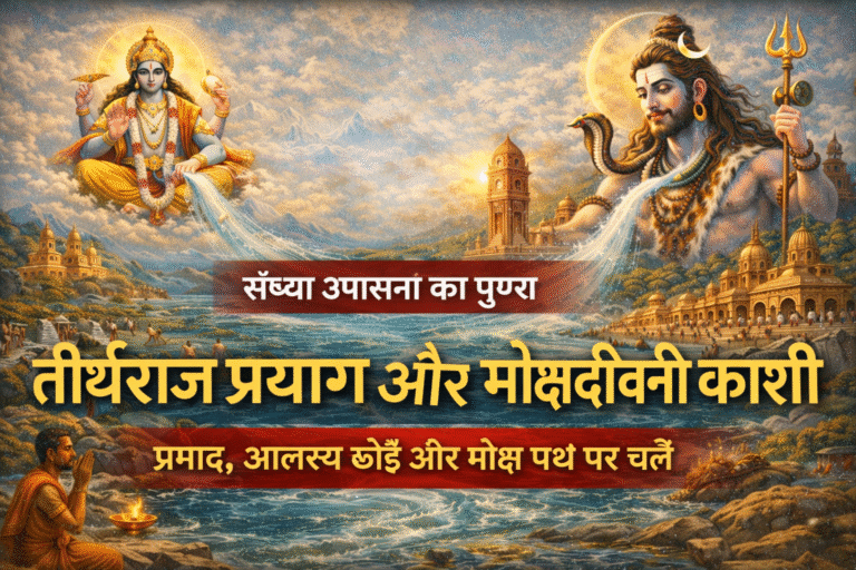 तीर्थराज प्रयाग, मोक्षदायिनी काशी और भगवान शिव-विष्णु की दिव्य उपस्थिति दर्शाती संध्या उपासना की आध्यात्मिक छवि