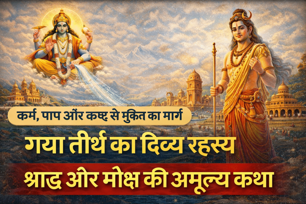 Current image: गया तीर्थ की दिव्य छवि जिसमें भगवान विष्णु, भगवान शिव और श्राद्ध करते श्रद्धालु दिखाई दे रहे हैं, कर्म और पाप से मुक्ति तथा मोक्ष का मार्ग दर्शाती हुई आध्यात्मिक कथा।