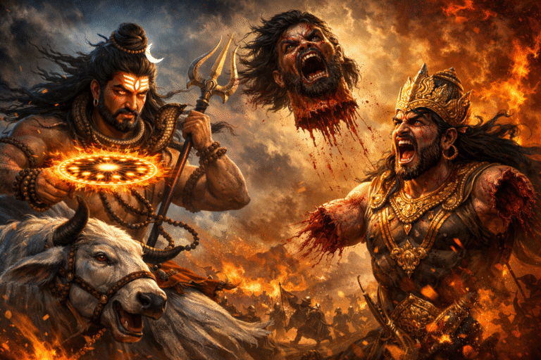 महादेव द्वारा जालन्धर वध का दिव्य दृश्य, जहाँ भगवान शिव अपने त्रिशूल और चक्र के साथ दैत्य जालन्धर का संहार करते हुए, अग्नि और युद्धभूमि के बीच प्रकट होते हैं।