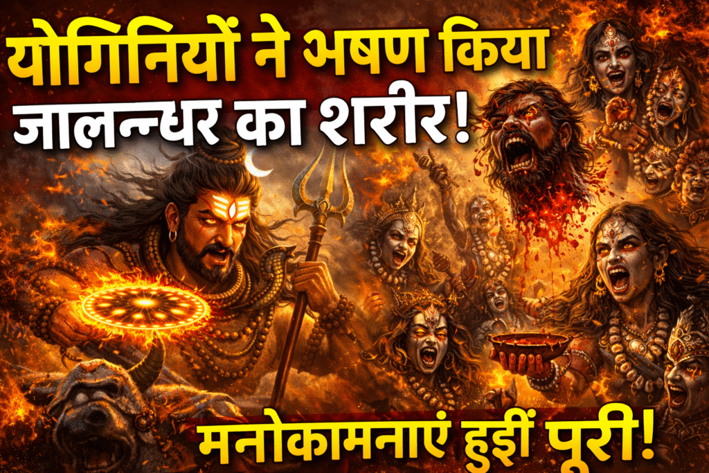 Current image: योगिनियों द्वारा जालंधर का अभक्षण करते हुए भगवान शिव का रौद्र रूप, अग्नि और महायुद्ध की पौराणिक दृश्यावली