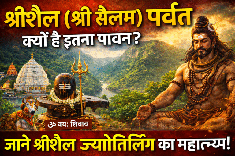 श्रीशैल (श्री सैलम) पर्वत और मल्लिकार्जुन ज्योतिर्लिंग का दिव्य दृश्य, जहाँ भगवान शिव ध्यानमग्न मुद्रा में विराजमान हैं, चारों ओर हरियाली, पर्वत, नदी और पवित्र मंदिर दिखाई दे रहे हैं।