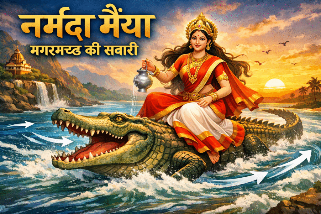 Current image: मगरमच्छ पर सवार देवी नर्मदा, पूर्व से पश्चिम की ओर बहती नर्मदा नदी का दिव्य प्रतीकात्मक चित्र