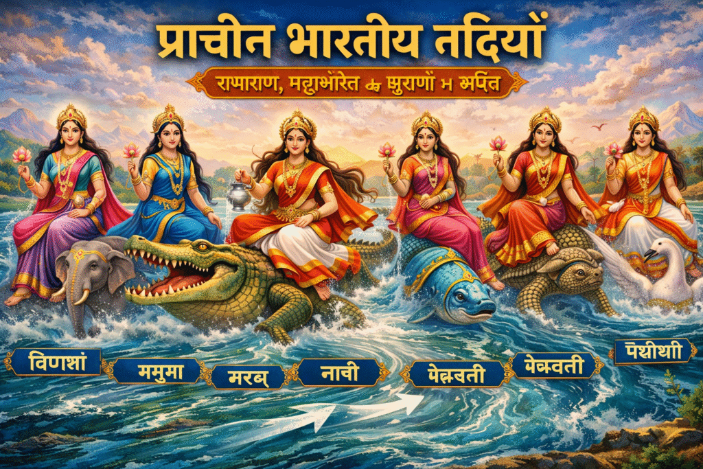 Current image: पौराणिक भारतीय नदियों का दिव्य चित्र जिसमें विभिन्न नदी देवियाँ अपने-अपने वाहन पर विराजमान होकर प्रवाहित जलधारा का प्रतीकात्मक रूप दिखा रही हैं