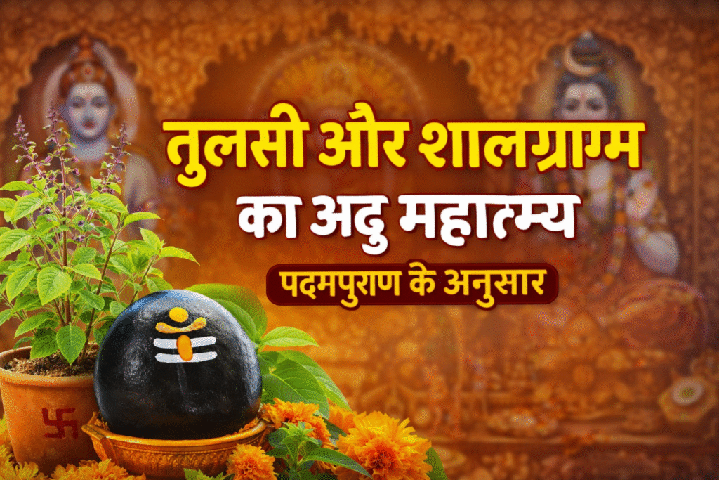 Current image: तुलसी पौधे के साथ विराजमान शालग्राम शिला, पृष्ठभूमि में भगवान विष्णु और शिव – पद्मपुराण के अनुसार तुलसी और शालग्राम का माहात्म्य दर्शाती दिव्य छवि