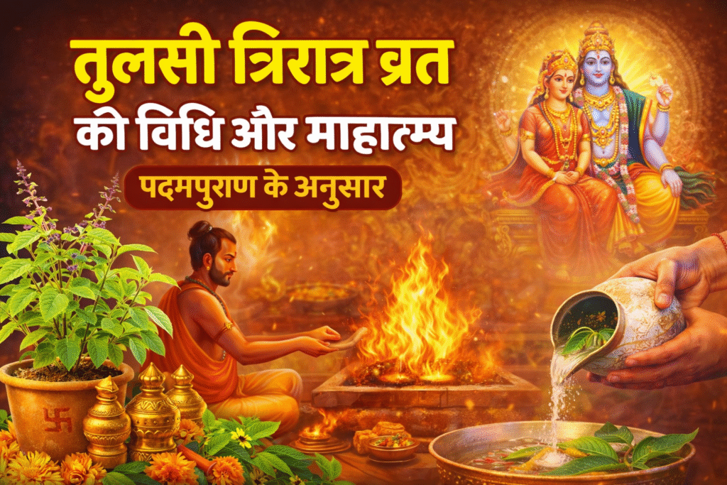 Current image: कार्तिक मास में तुलसी त्रिरात्र व्रत करते हुए ब्राह्मण द्वारा वैष्णव होम, तुलसी पौधा, कलश, दीप और लक्ष्मी–नारायण भगवान की दिव्य छवि