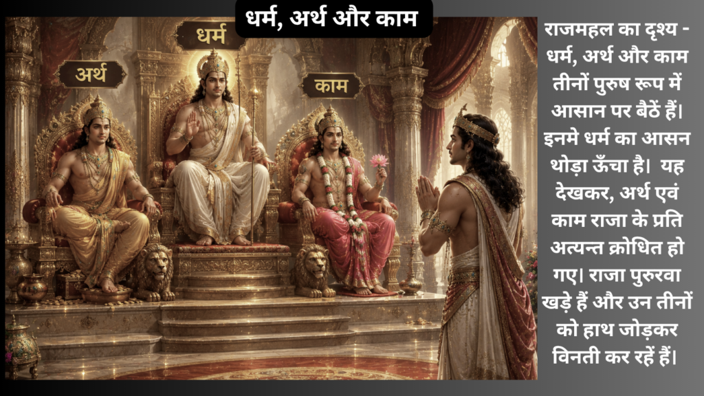 Current image: राजा पुरुरवा खड़े हैं और उन तीनों को हाथ जोड़कर विनती कर रहें हैं।